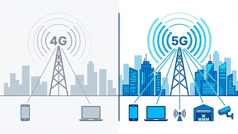 Comparison of 4G and 5G network towers showing higher speed, lower latency and greater device connectivity with 5G for businesses