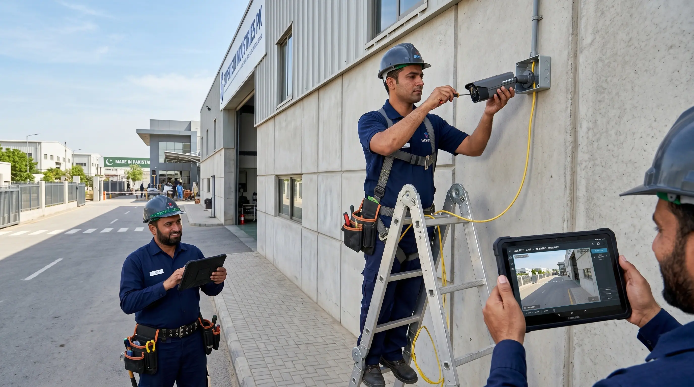 Horizon Technologies technicians performing CCTV camera installation and configuration at an industrial facility in Karachi